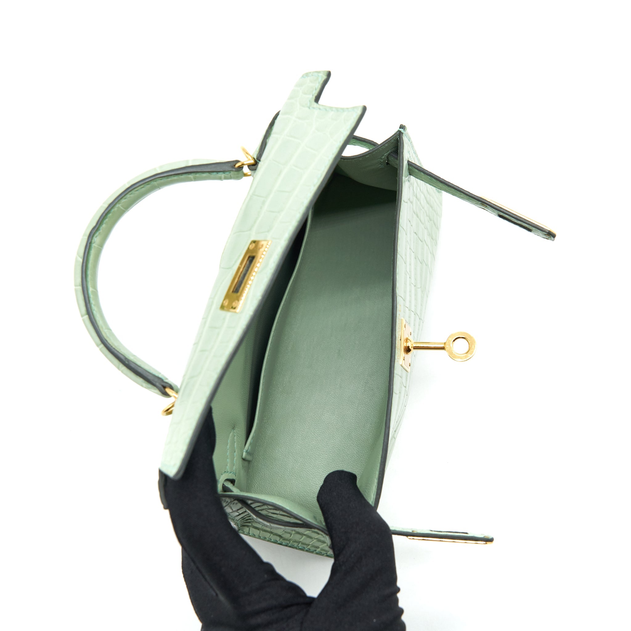 HERMES MINI KELLY 20CM ALLIGATOR MATT 6U VERT D’EAU GHW