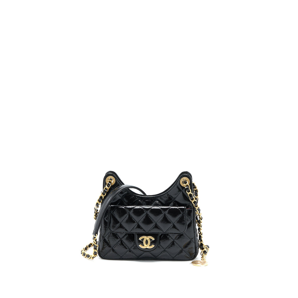 CHANEL 23C SMALL HOBO BAG SHINY CALFSKIN BLACK BRUSHED GHW (MICROCHIP)
