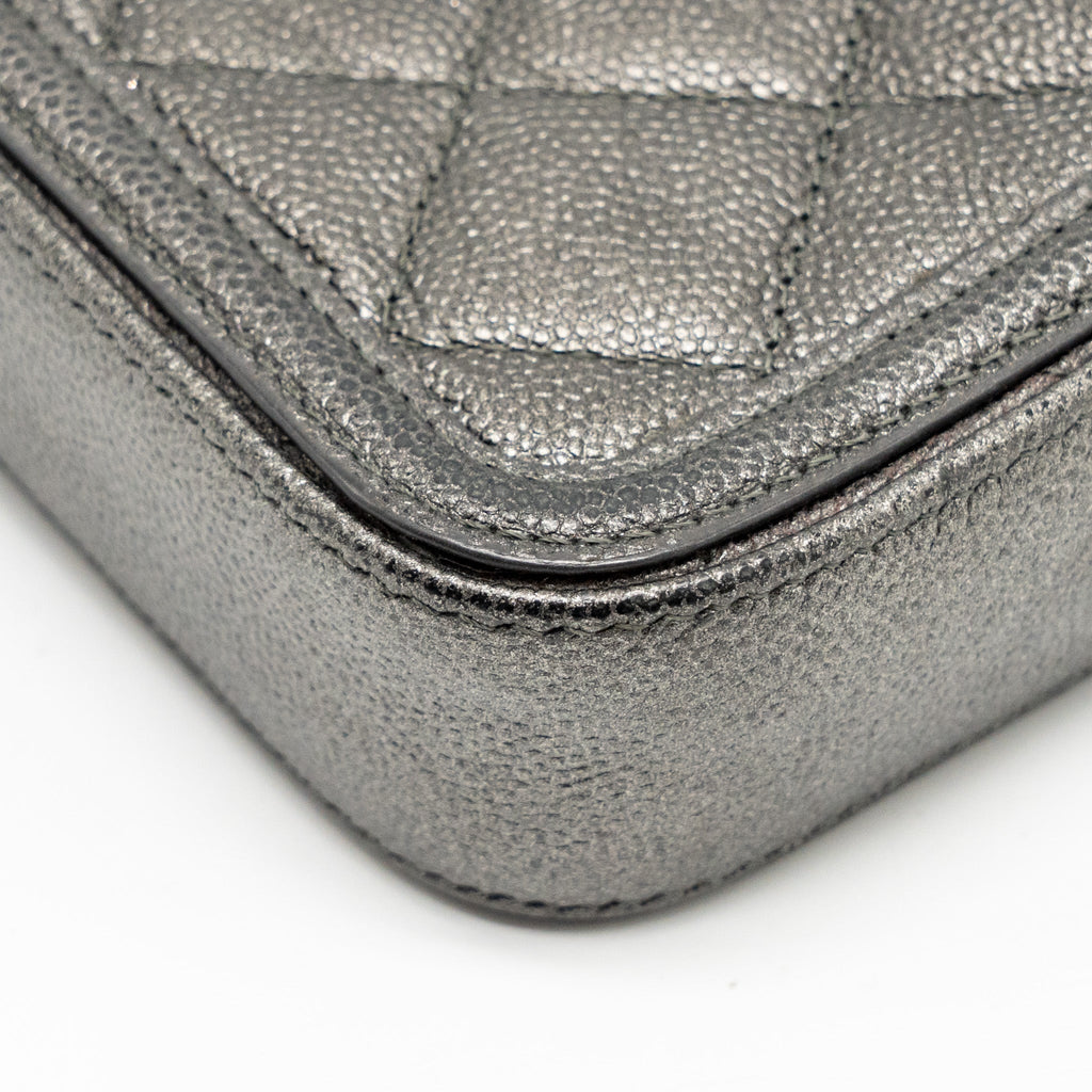 CHANEL CC FILIGREE DOUBLE ZIP CLUTCH WITH CHAIN CAVIAR GREY SHW