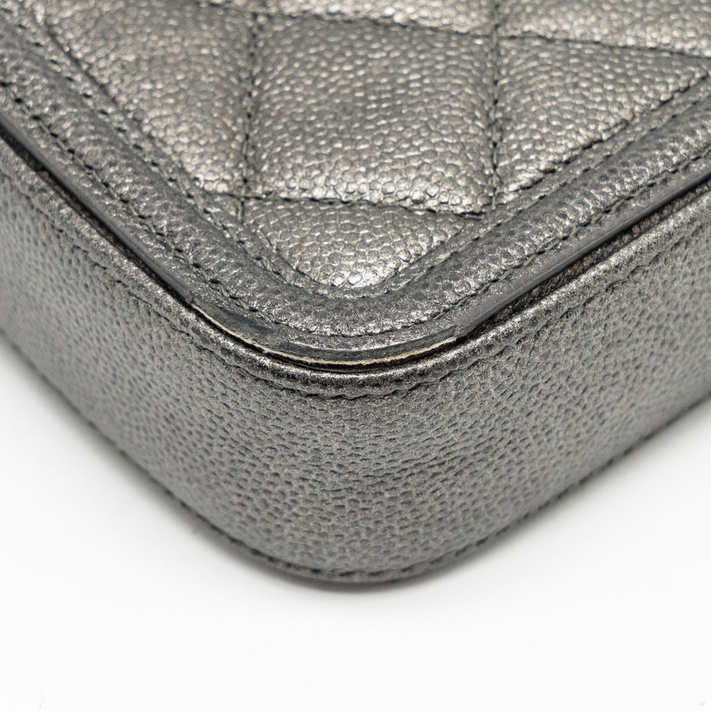 CHANEL CC FILIGREE DOUBLE ZIP CLUTCH WITH CHAIN CAVIAR GREY SHW