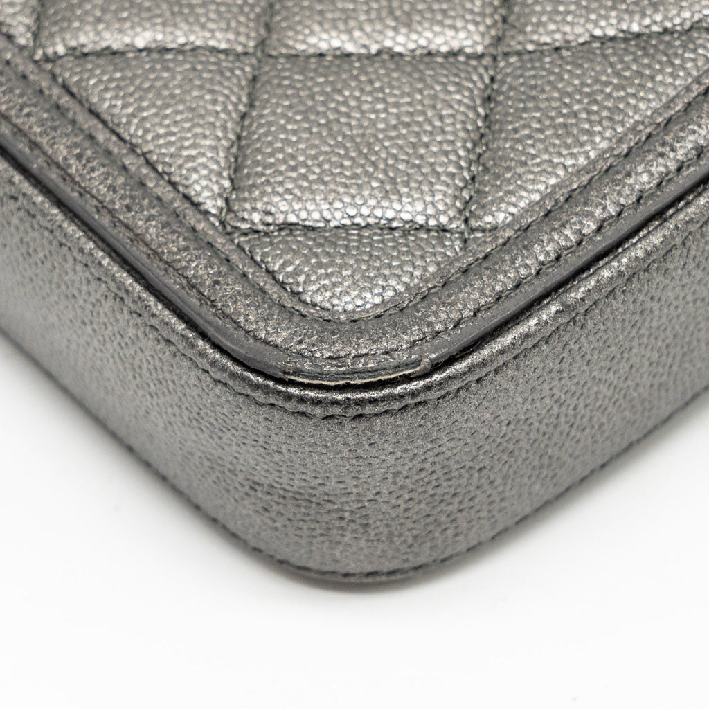 CHANEL CC FILIGREE DOUBLE ZIP CLUTCH WITH CHAIN CAVIAR GREY SHW