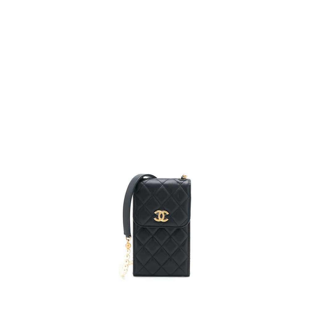 CHANEL VERTICAL FLAP PHONE POUCH WITH PEARL CHAIN LAMBSKIN BLACK BRUSHED GHW