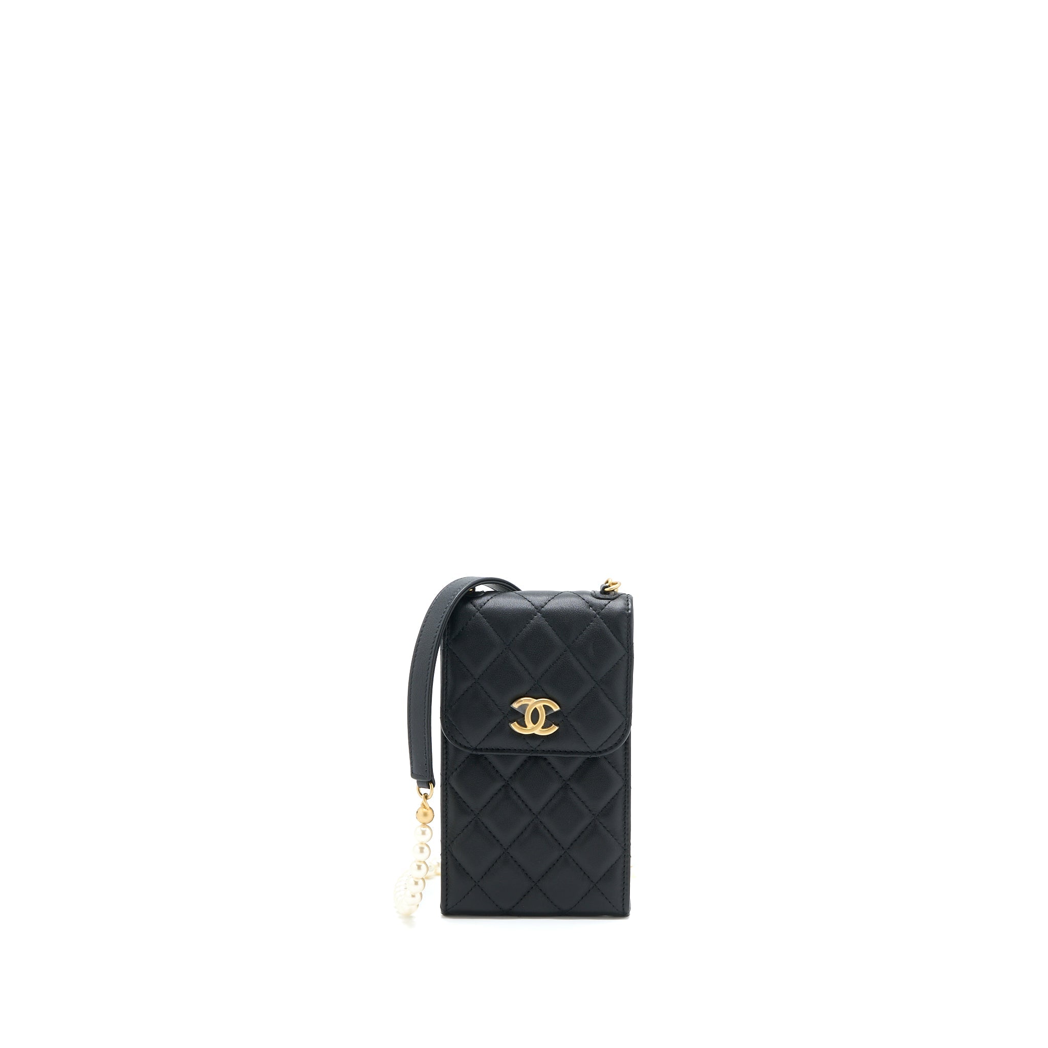 CHANEL VERTICAL FLAP PHONE POUCH WITH PEARL CHAIN LAMBSKIN BLACK BRUSHED GHW