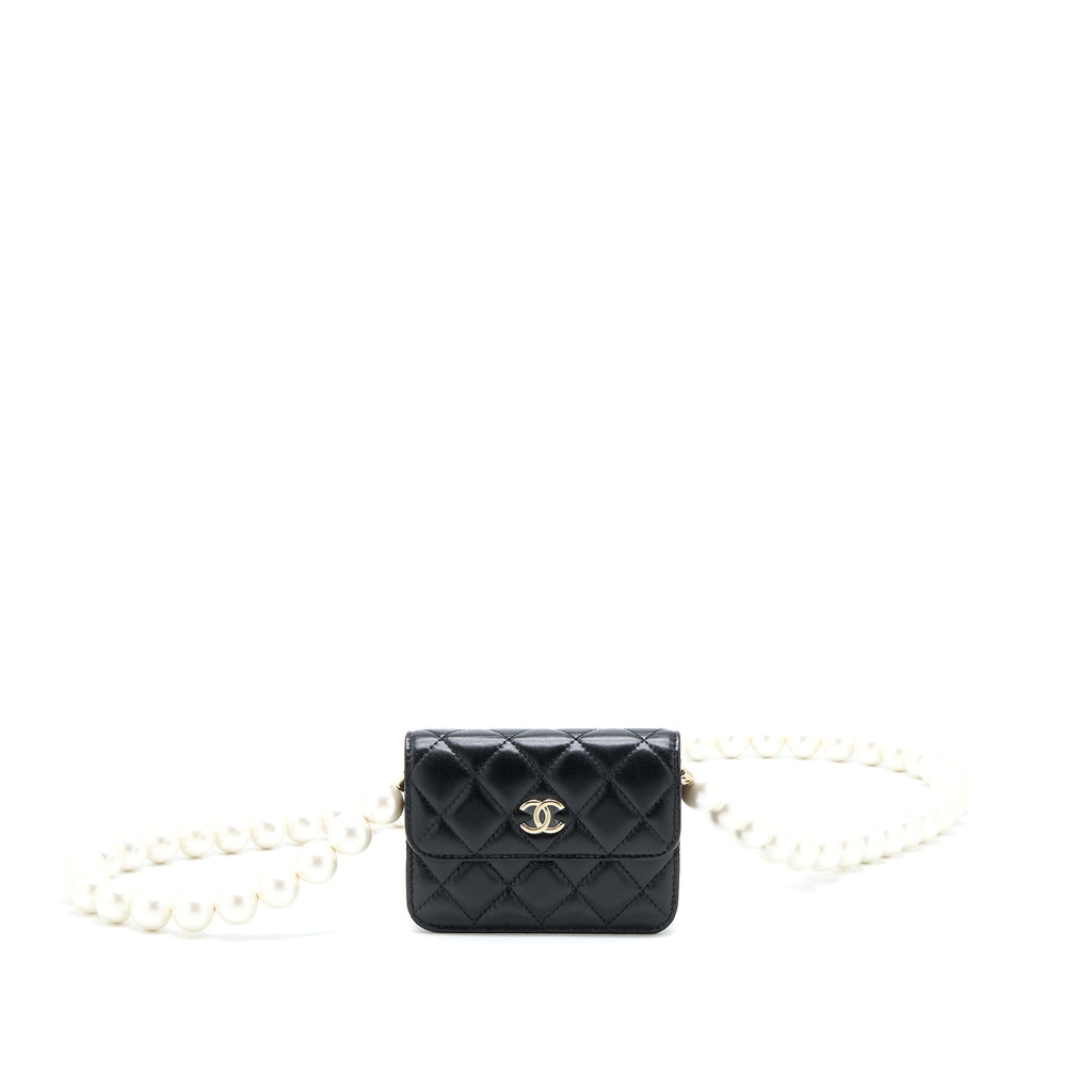 CHANEL MINI FLAP BAG WITH GIANT PEARL CHAIN LAMBSKIN BLACK LGHW