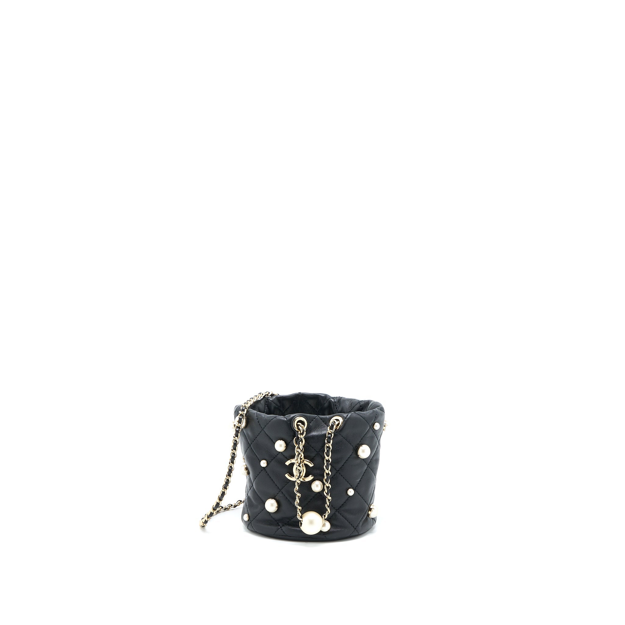 CHANEL MINI PEARLY BUCKET BAG WITH CHAIN LAMBSKIN BLACK LGHW
