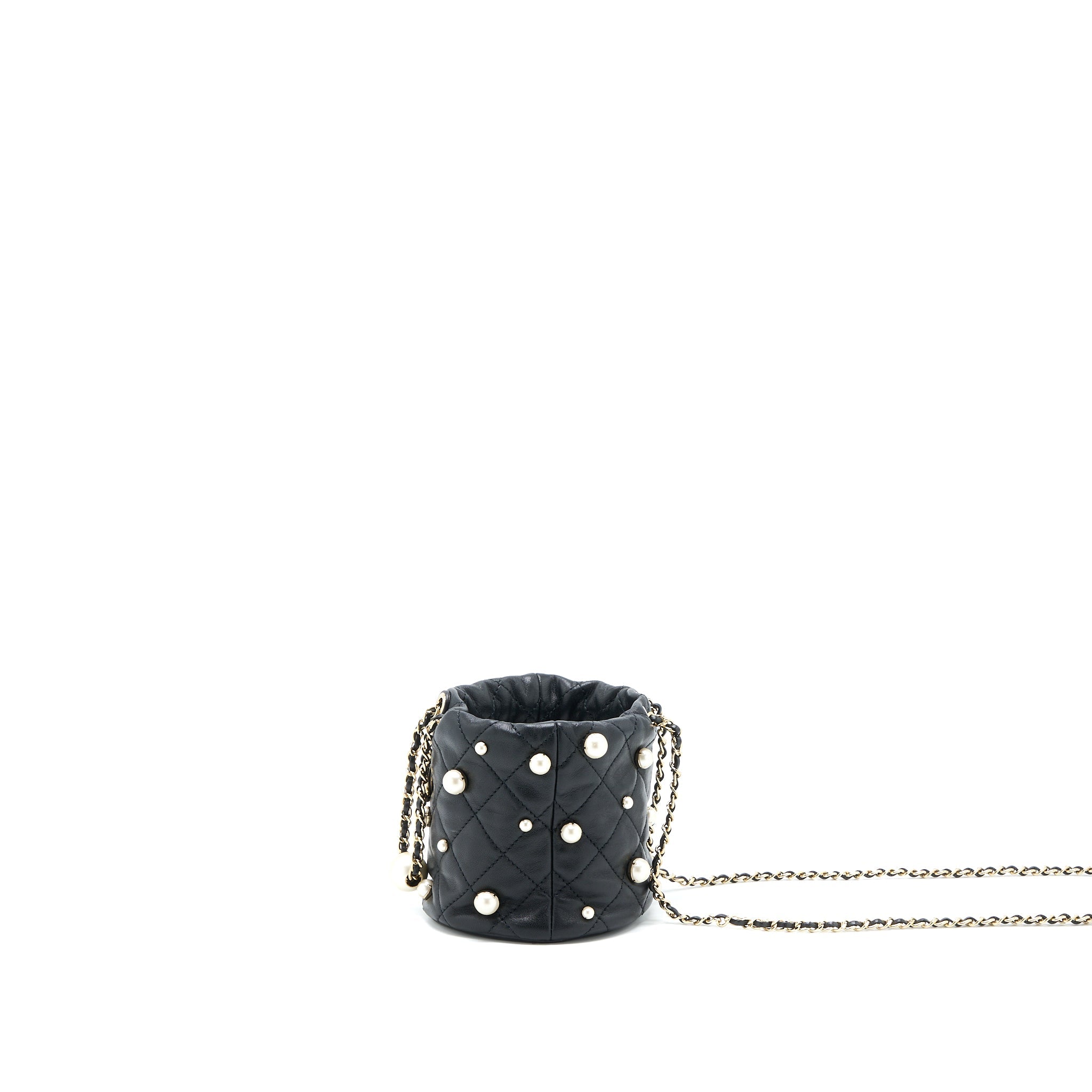 CHANEL MINI PEARLY BUCKET BAG WITH CHAIN LAMBSKIN BLACK LGHW