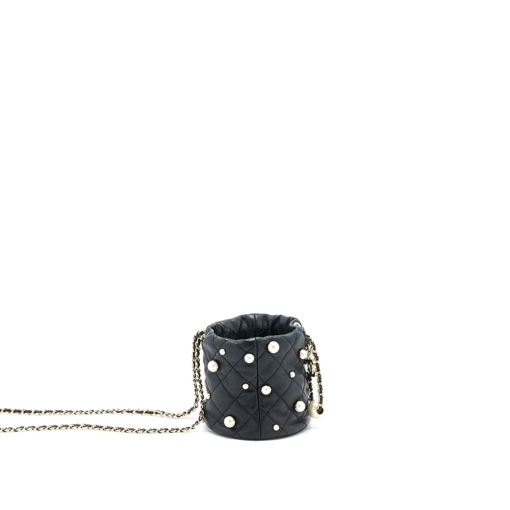 CHANEL MINI PEARLY BUCKET BAG WITH CHAIN LAMBSKIN BLACK LGHW