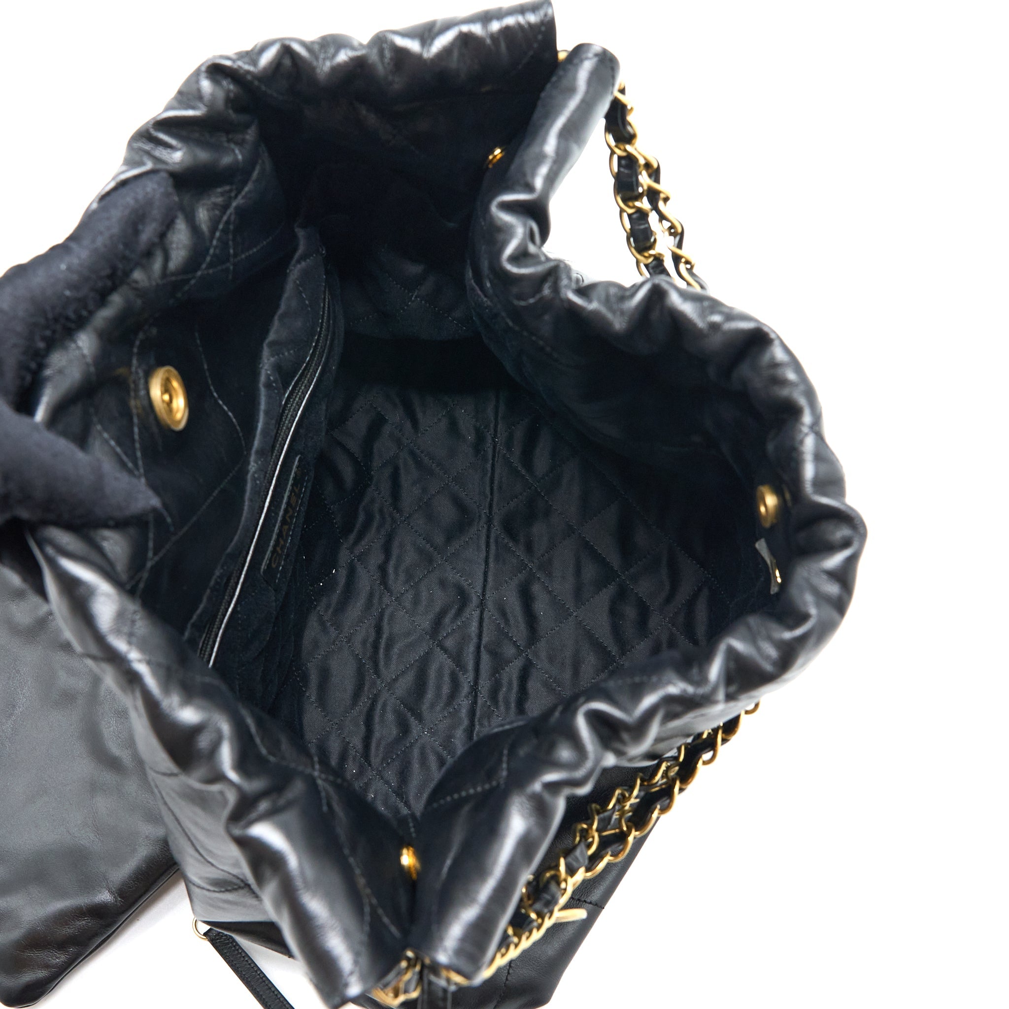 CHANEL MEDIUM 22 BAG SHINY CALFSKIN BLACK BRUSHED GHW (MICROCHIP)