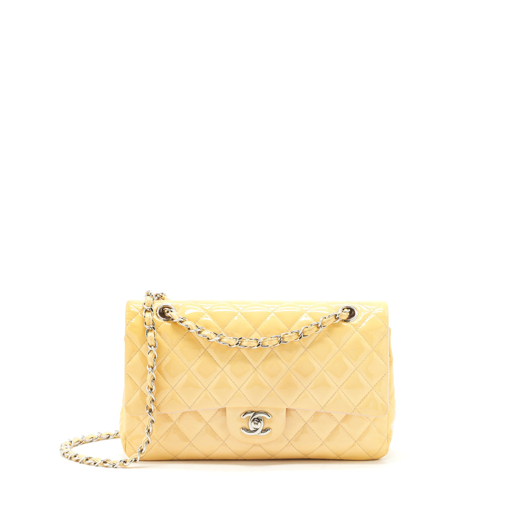 CHANEL MEDIUM CLASSIC DOUBLE FLAP BAG YELLOW PATENT SHW