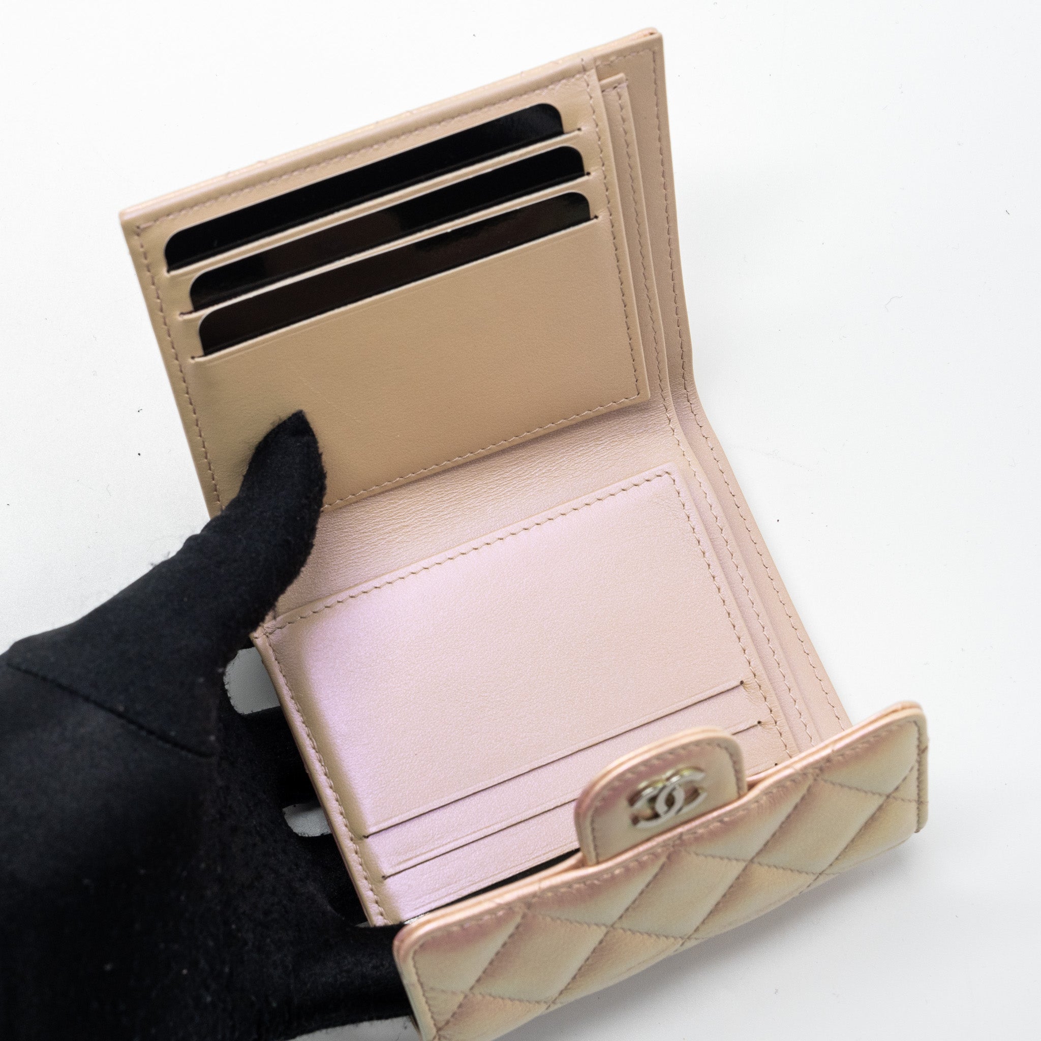 CHANEL CLASSIC SMALL COMPACT WALLET CALFSKIN IRIDESCENT PINK SHW