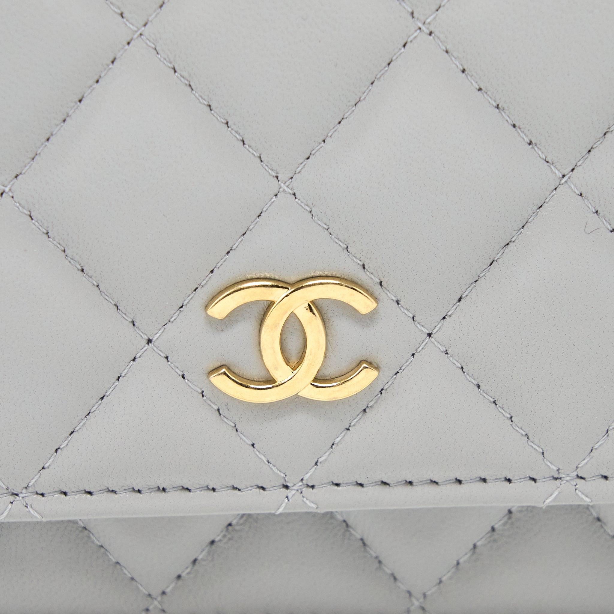 CHANEL MINI SQUARE WALLET ON CHAIN WITH GEM CHAINS LAMBSKIN LIGHT GREY LGHW