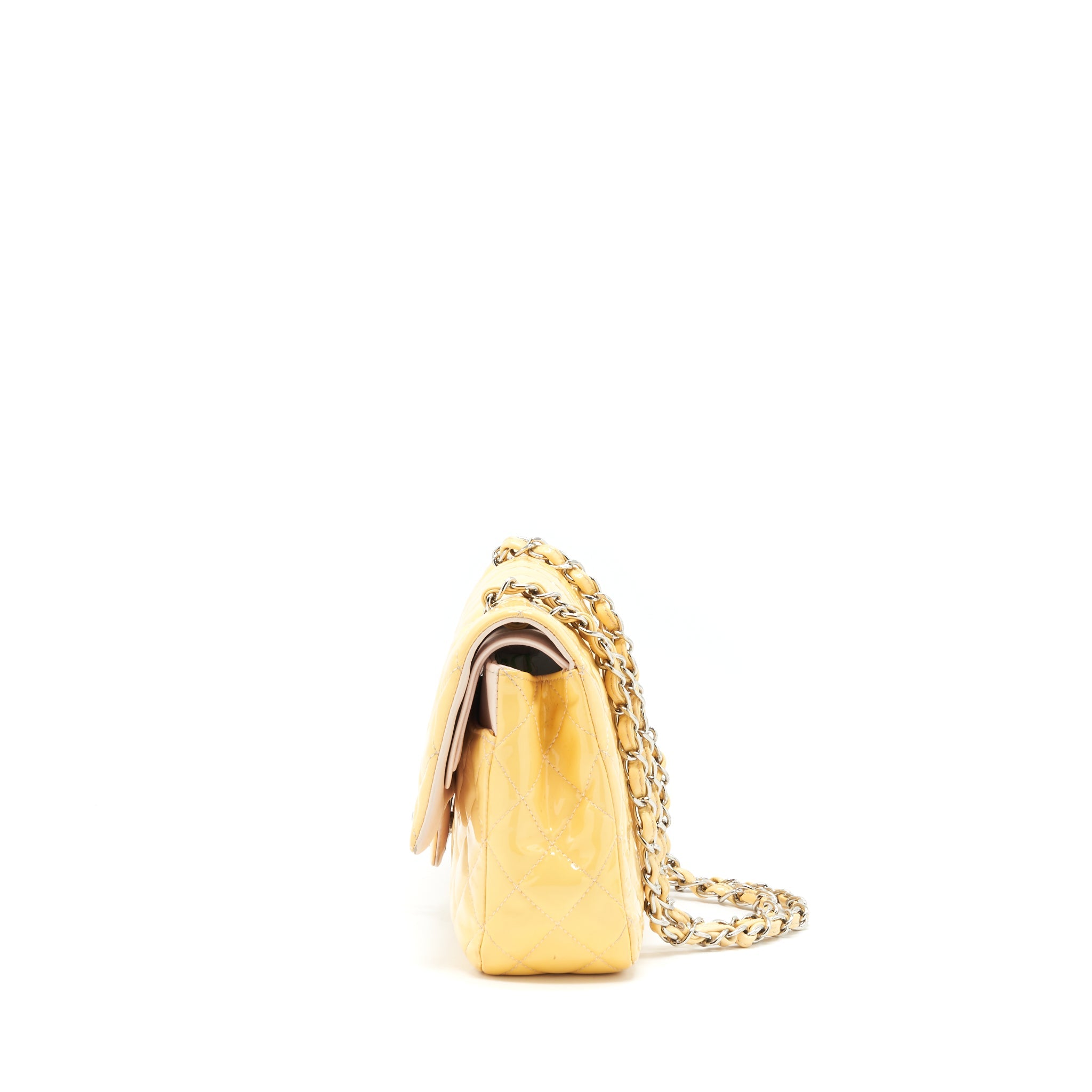 CHANEL MEDIUM CLASSIC DOUBLE FLAP BAG YELLOW PATENT SHW