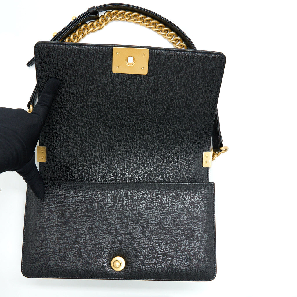 CHANEL MEDIUM BOY CAVIAR BLACK BRUSHED GOLD HARDWARE(MICROCHIP)