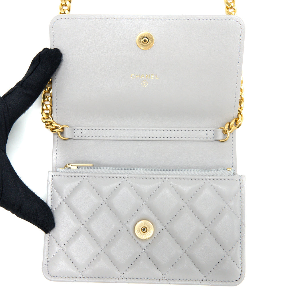 CHANEL MINI SQUARE WALLET ON CHAIN WITH GEM CHAINS LAMBSKIN LIGHT GREY LGHW