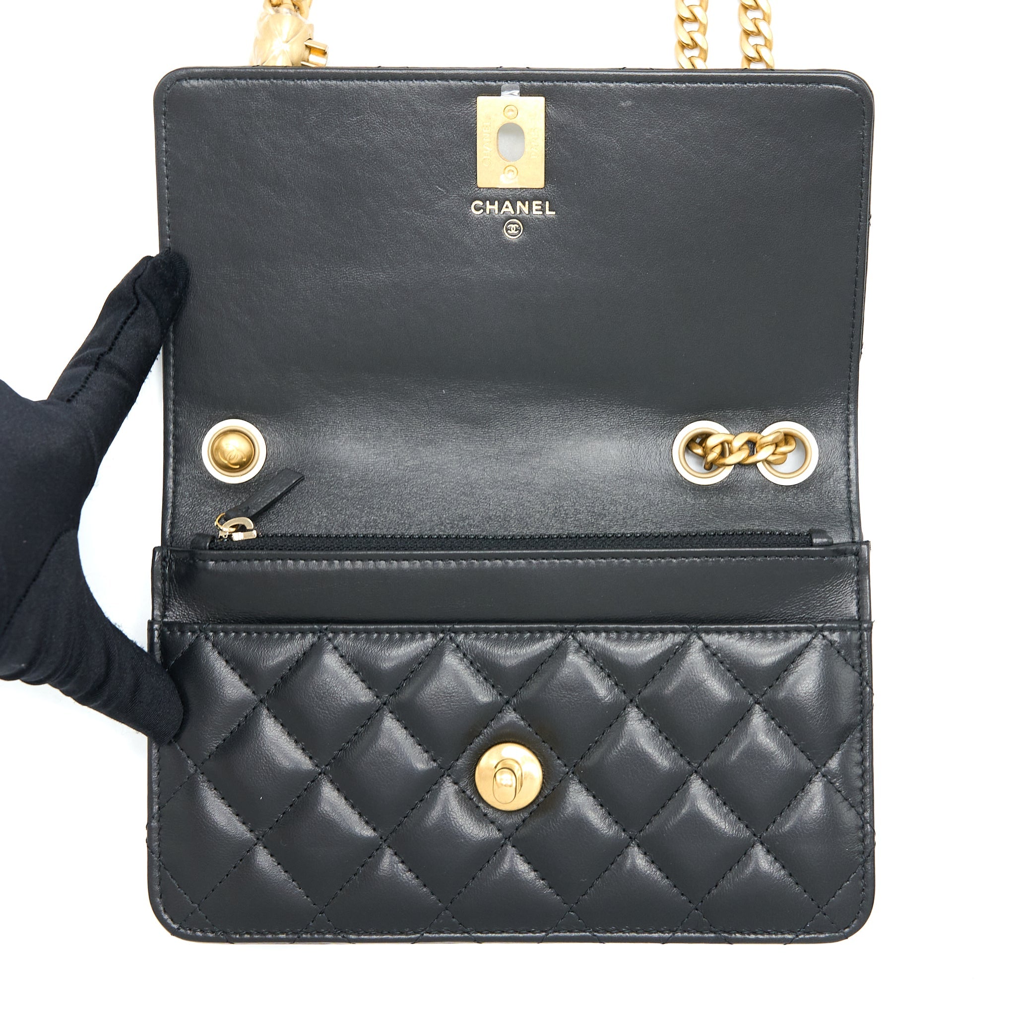 CHANEL 22K GOLD PILLAR WALLET ON CHAIN LAMBSKIN BLACK BRUSHED GHW (MICROCHIP)