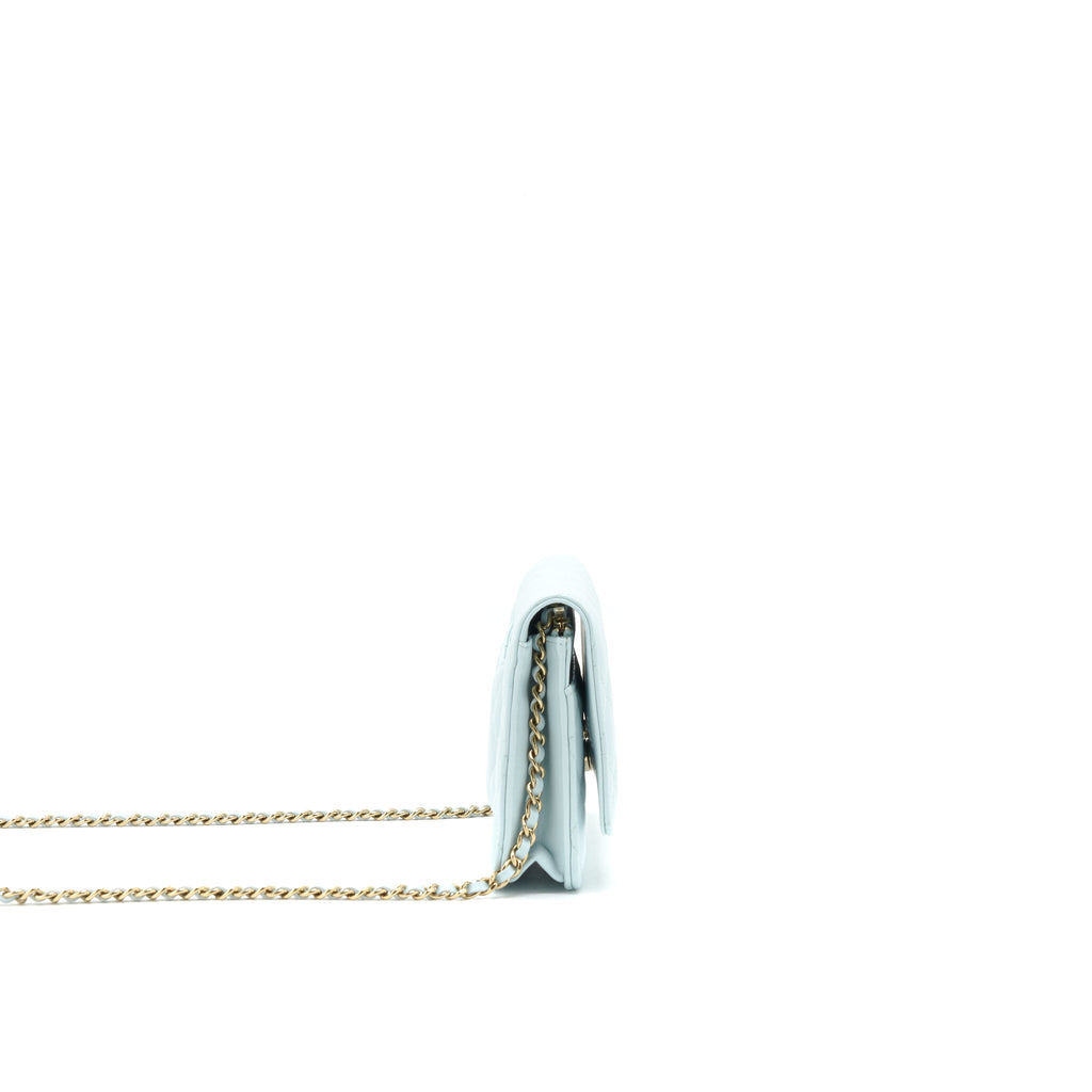CHANEL RIBBON WALLET ON CHAIN LAMBSKIN LIGHT BLUE LGHW