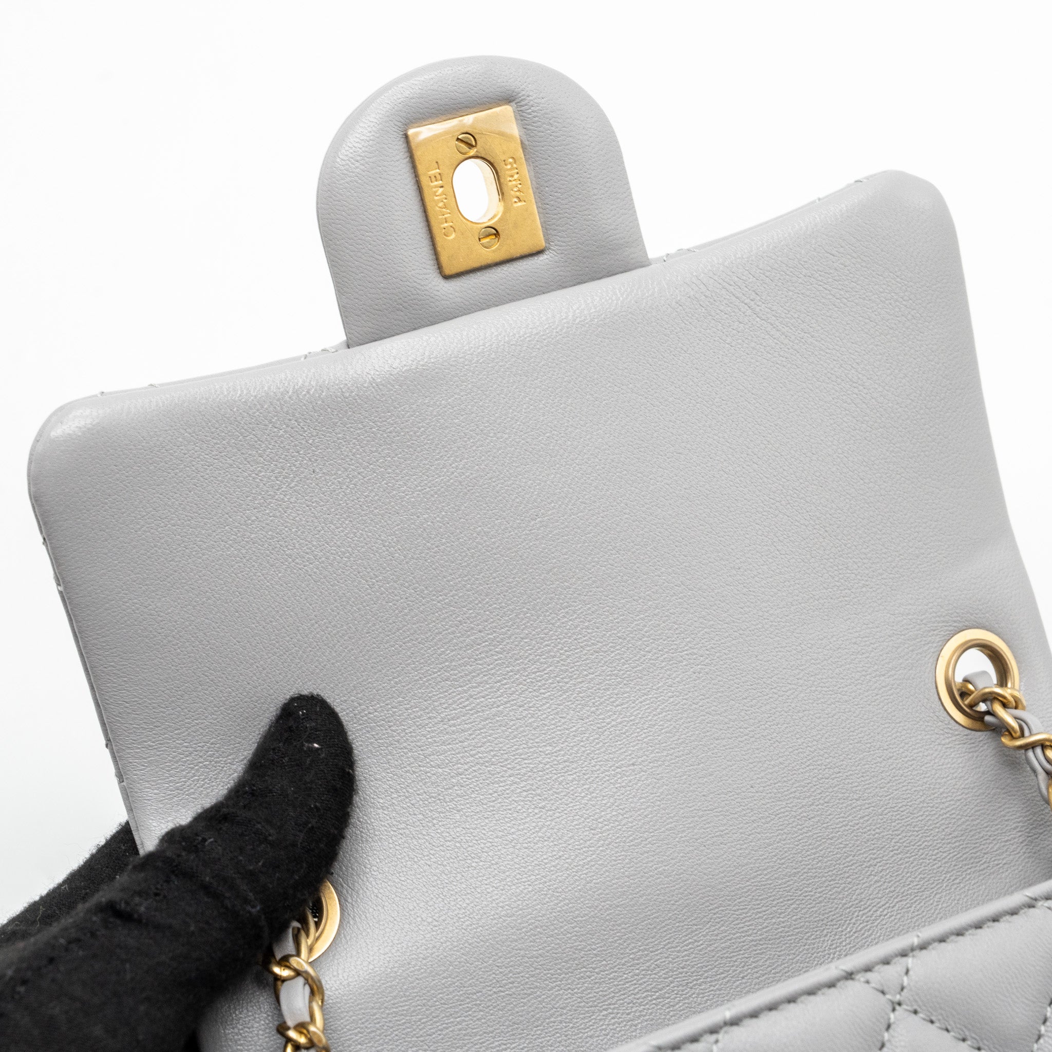 CHANEL PEARL CRUSH MINI SQUARE FLAP BAG LAMBSKIN LIGHT GREY GHW(MICROCHIP)