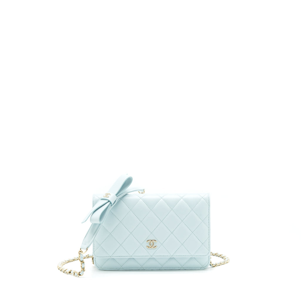 CHANEL RIBBON WALLET ON CHAIN LAMBSKIN LIGHT BLUE LGHW