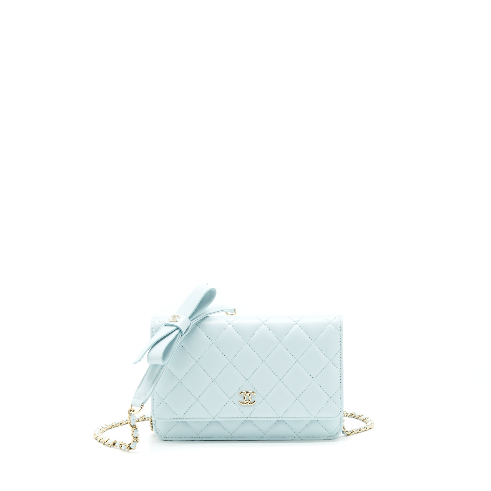CHANEL RIBBON WALLET ON CHAIN LAMBSKIN LIGHT BLUE LGHW