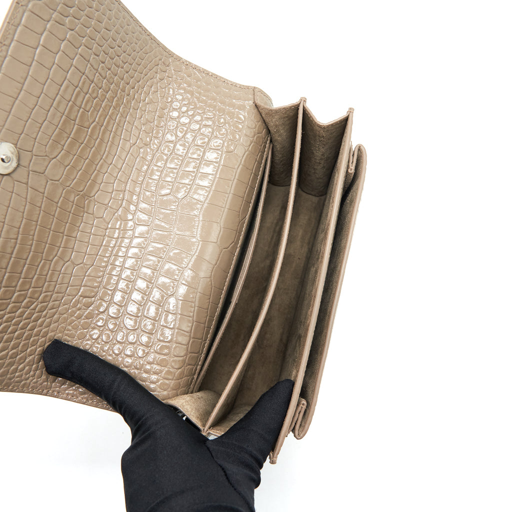 SAINT LAURENT (YSL) MEDIUM SUNSET CROC-EMBOSSED SHINY LIGHT BRONZE SHW