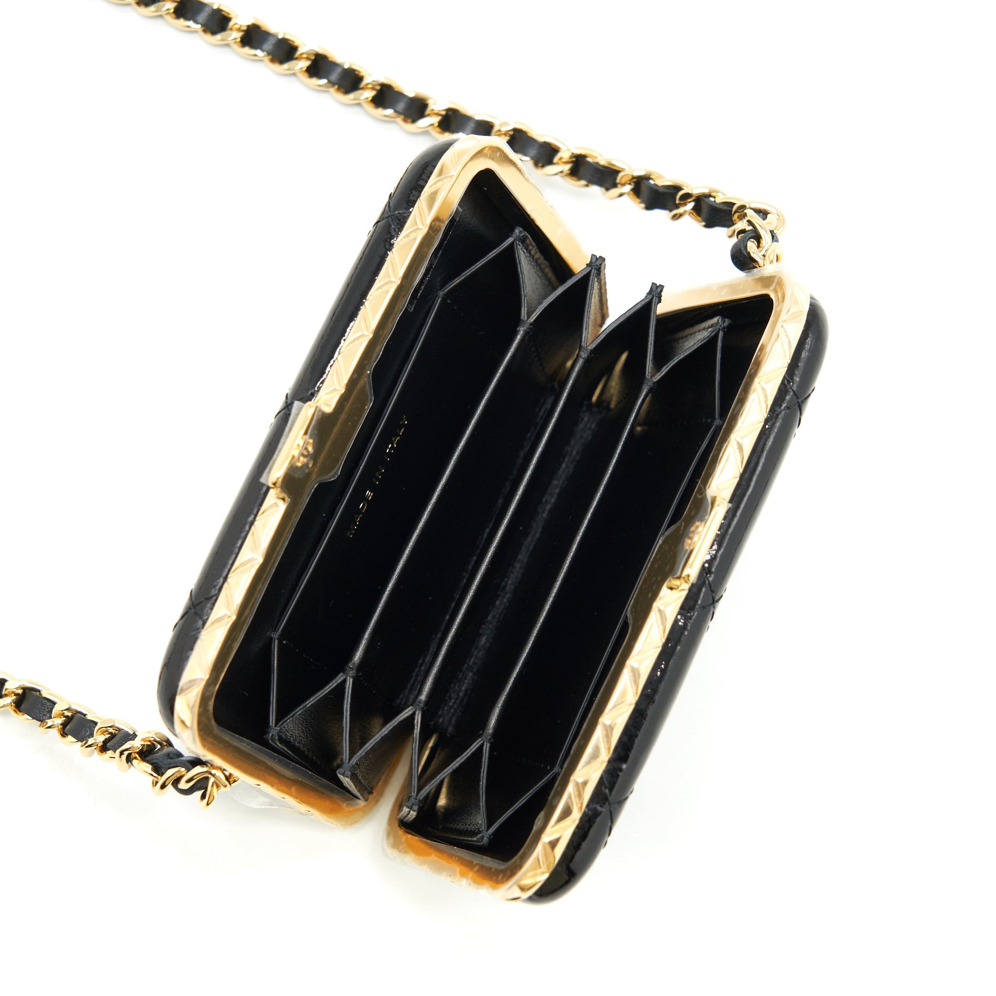 CHANEL 21A MINI CLIP BOX WITH CHAIN PATENT BLACK LGHW