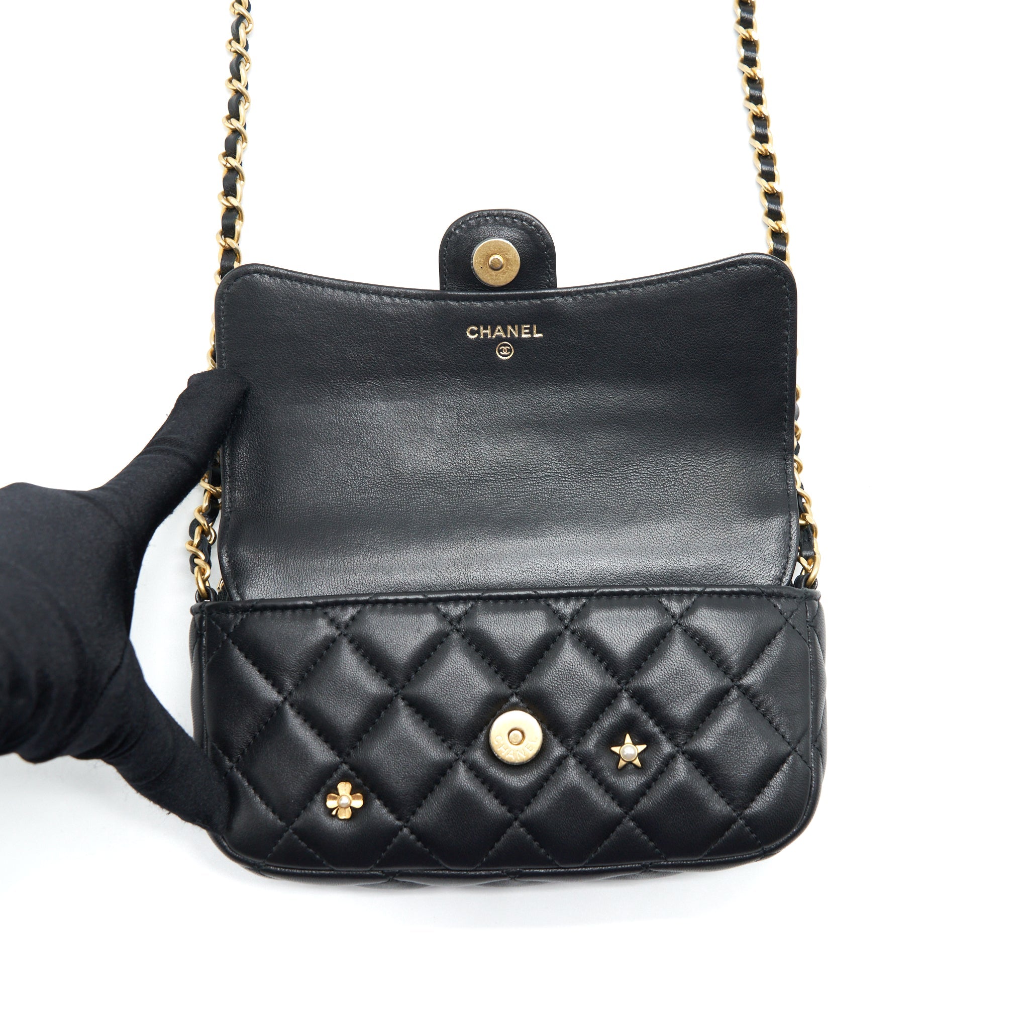 CHANEL LIMITED CHARM DOUBLE LAYER MINI CHAIN BAG LAMBSKIN BLACK GHW
