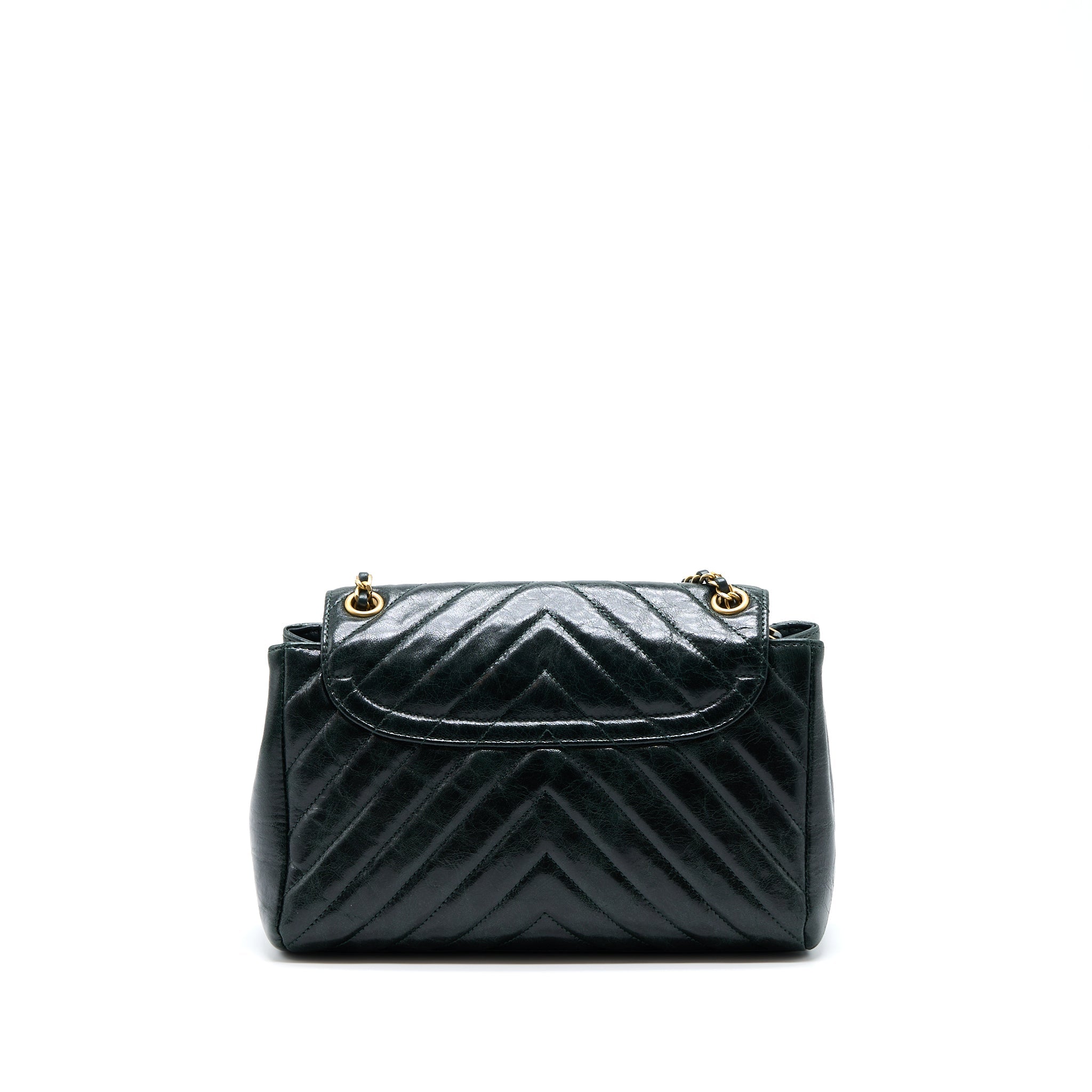 CHANEL CHEVRON HAMPTON FLAP BAG AGED CALFSKIN DARK GREEN GHW
