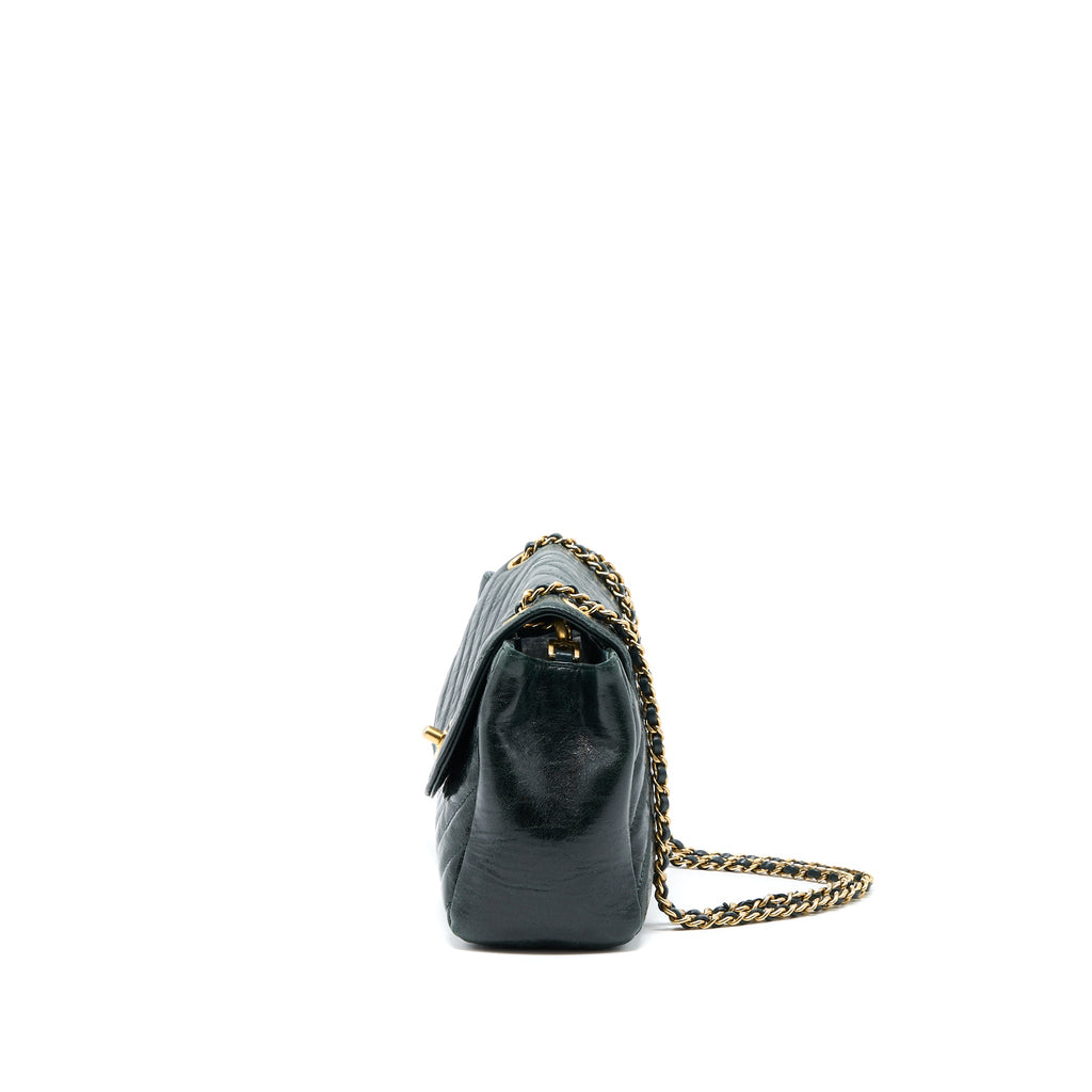 CHANEL CHEVRON HAMPTON FLAP BAG AGED CALFSKIN DARK GREEN GHW