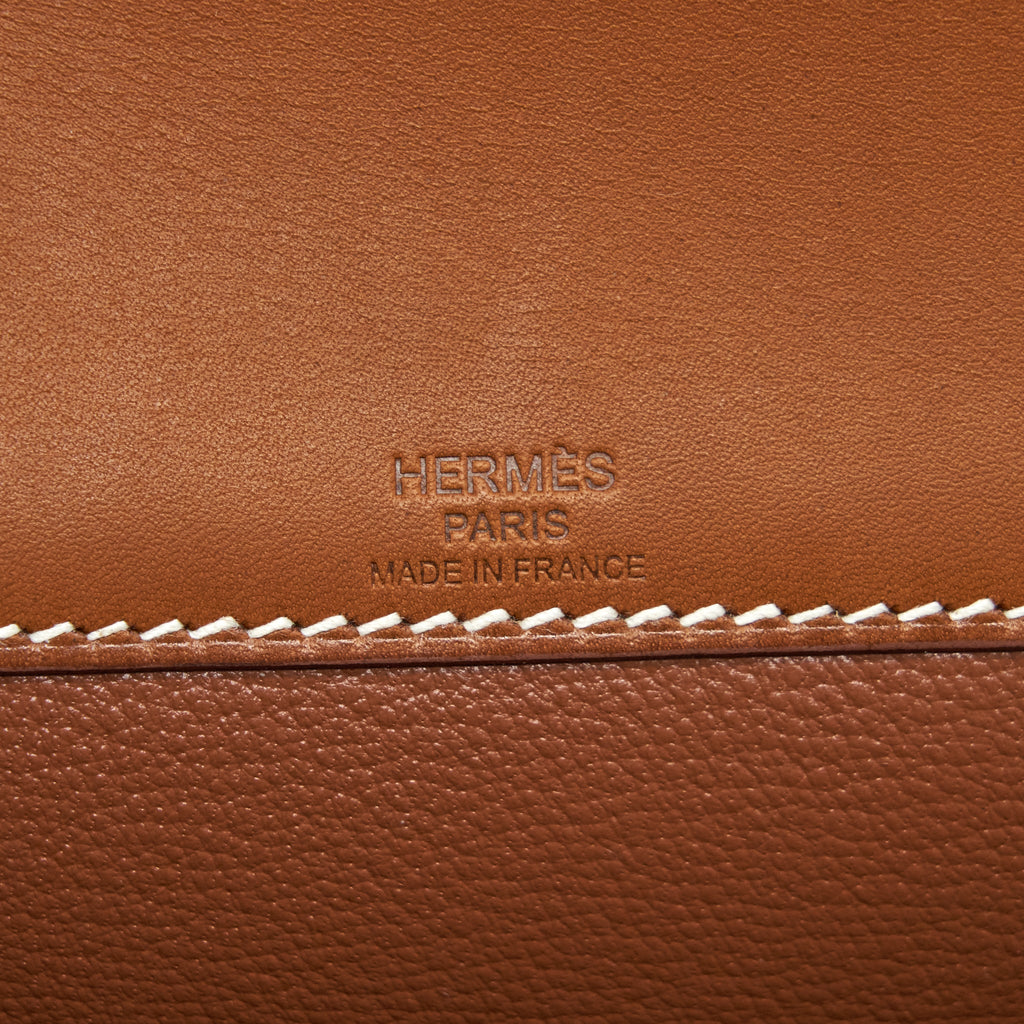 HERMES POCHETTE KELLY DEPECHES 25 CANVAS/BARENIA LEATHER ECRU BEIGE/ FAUVE GHW