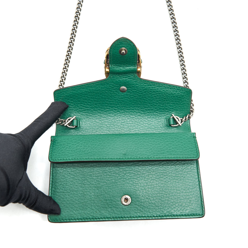 GUCCI DIONYSUS SUPER MINI BAG GREEN RUTHENIUM GOLD/SLIVER HARDWARE