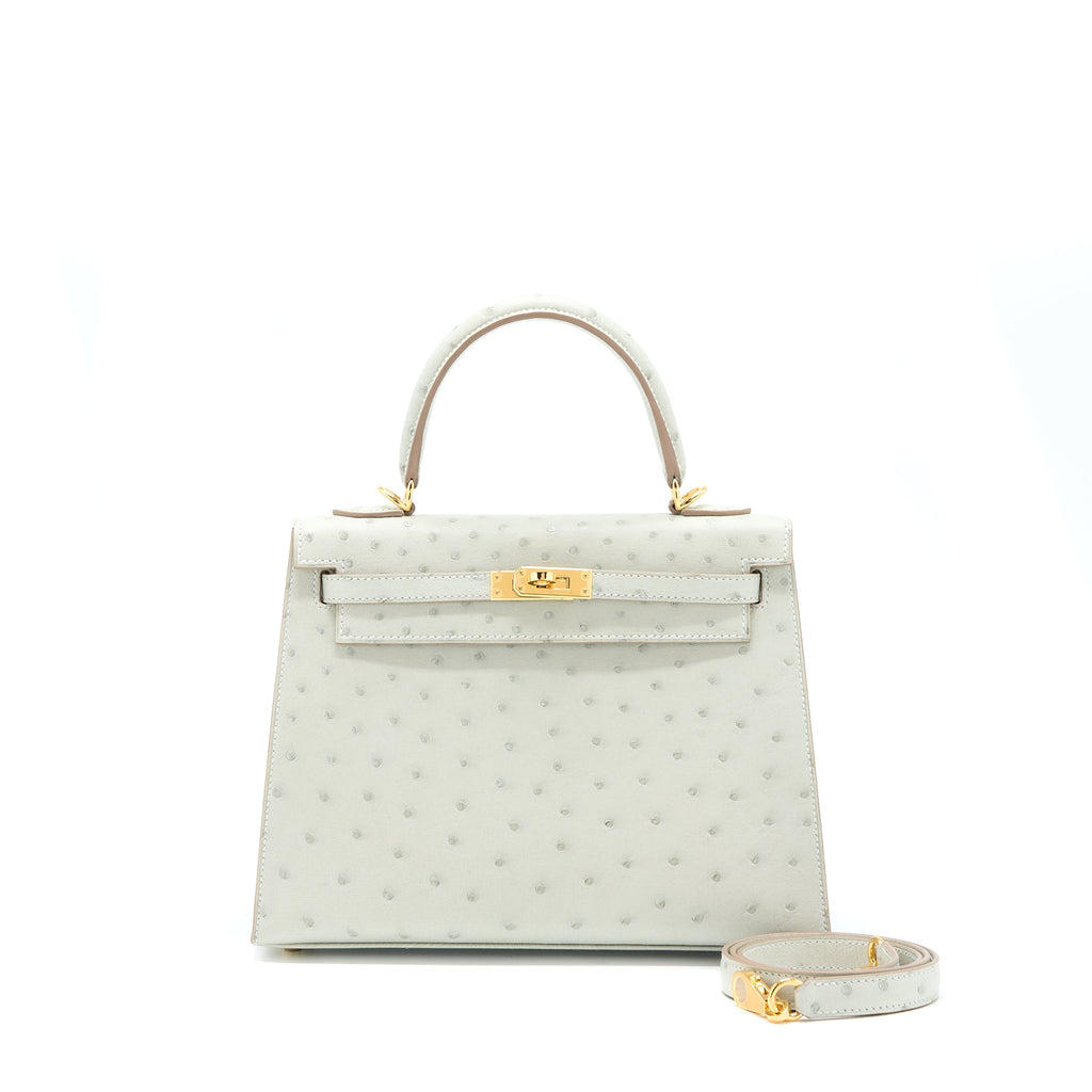 HERMES KELLY 25 SELLIER OSTRICH 80 GRIS PERLE GHW