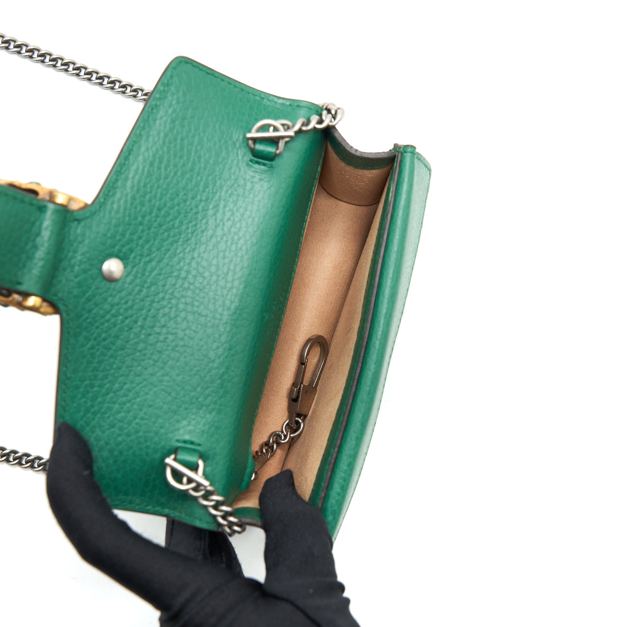 GUCCI DIONYSUS SUPER MINI BAG GREEN RUTHENIUM GOLD/SLIVER HARDWARE