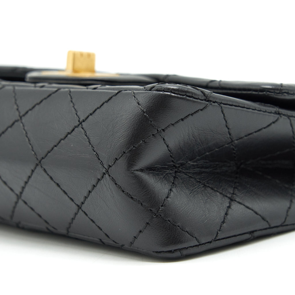 CHANEL MINI 2.55 REISSUE FLAP BAG AGED CALFSKIN BLACK BRUSHED GHW (MICROCHIP)