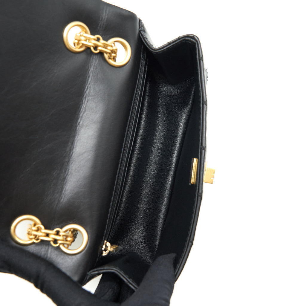 CHANEL MINI 2.55 REISSUE FLAP BAG AGED CALFSKIN BLACK BRUSHED GHW (MICROCHIP)
