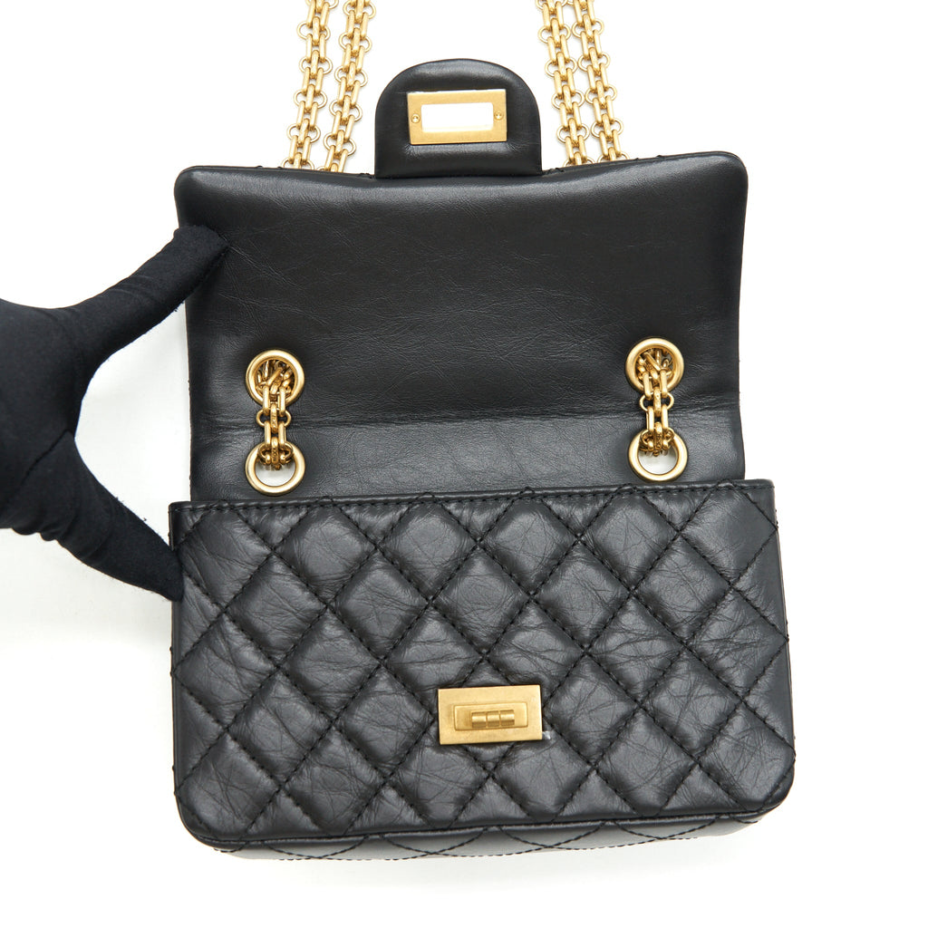 CHANEL MINI 2.55 REISSUE FLAP BAG AGED CALFSKIN BLACK BRUSHED GHW (MICROCHIP)