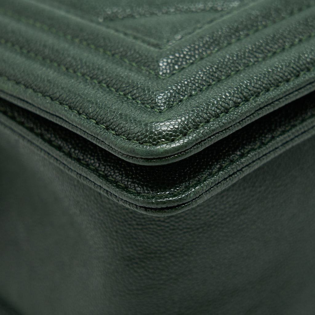 CHANEL CHEVRON MEDIUM BOY BAG CAVIAR GREEN BRUSHED GHW