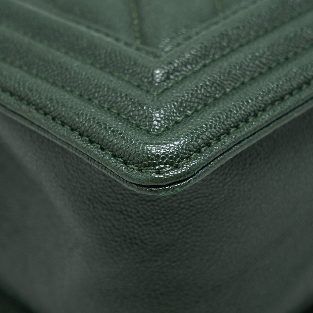CHANEL CHEVRON MEDIUM BOY BAG CAVIAR GREEN BRUSHED GHW