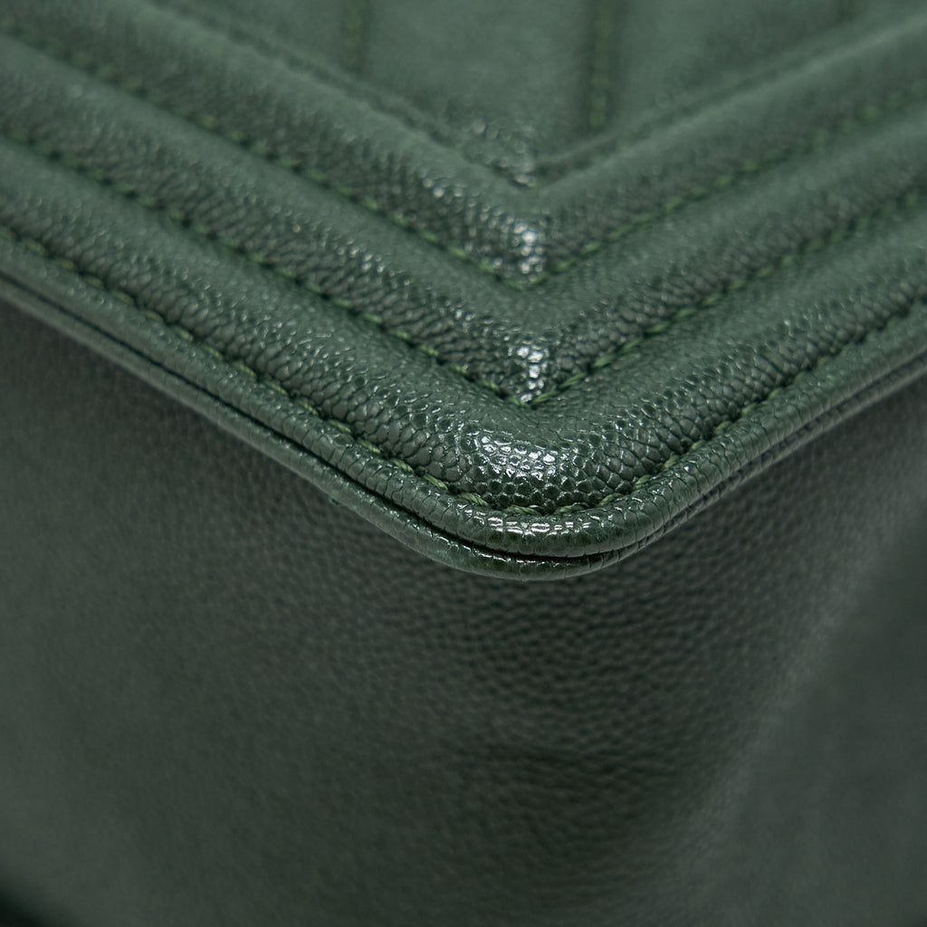 CHANEL CHEVRON MEDIUM BOY BAG CAVIAR GREEN BRUSHED GHW