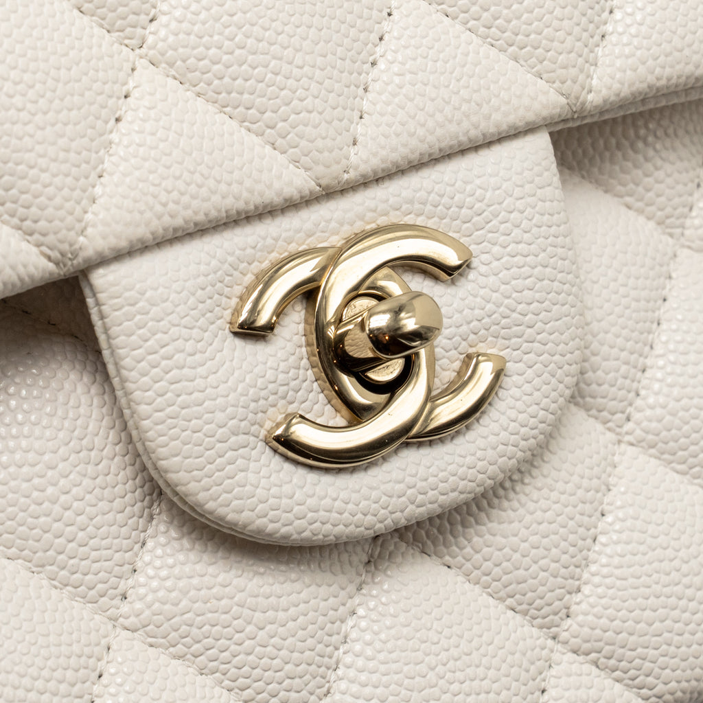 CHANEL SMALL CLASSIC DOUBLE FLAP BAG CAVIAR WHITE LGHW (MICROCHIP)