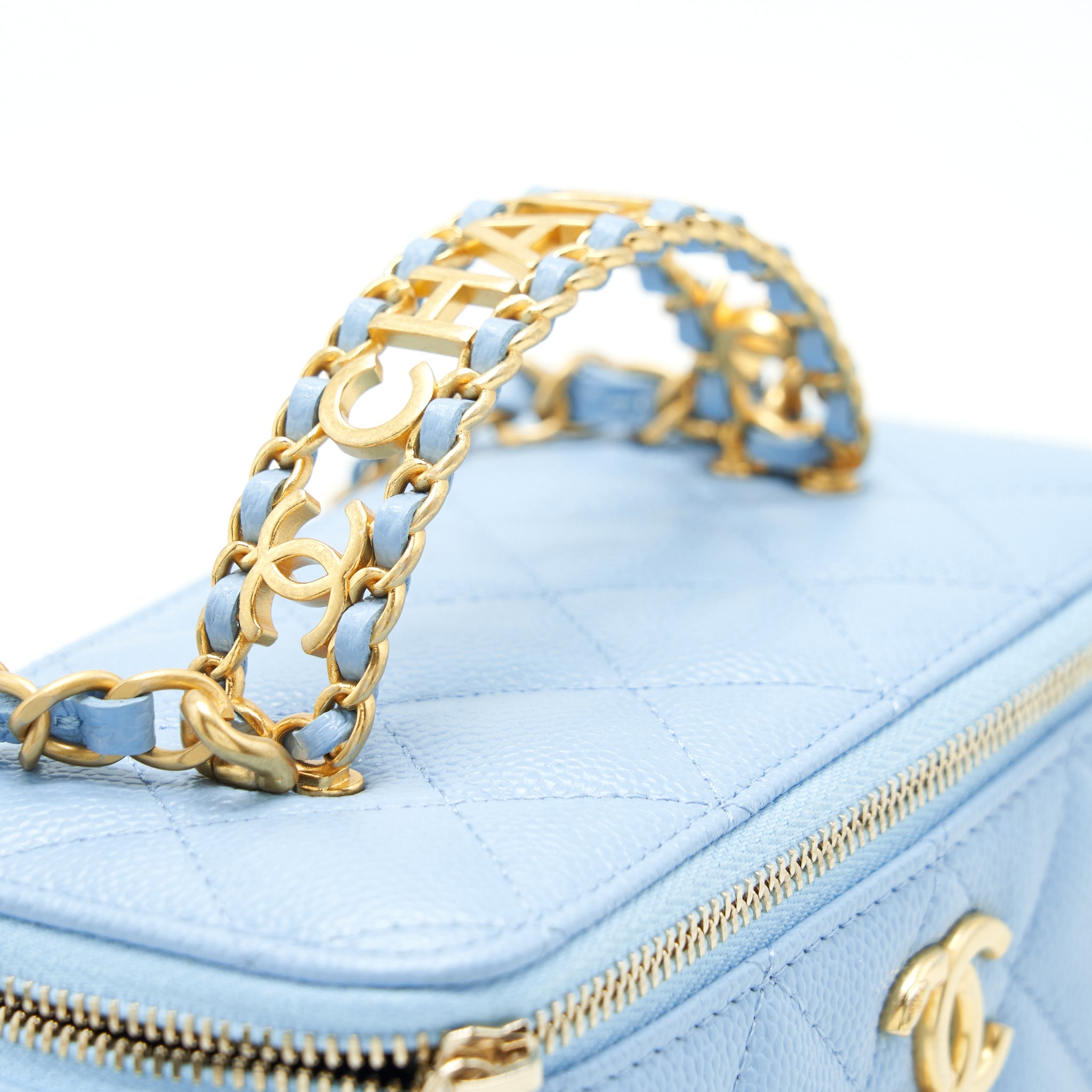 CHANEL 22S LONG VANITY CASE WITH LETTER HANDLE CAVIAR LIGHT BLUE GHW