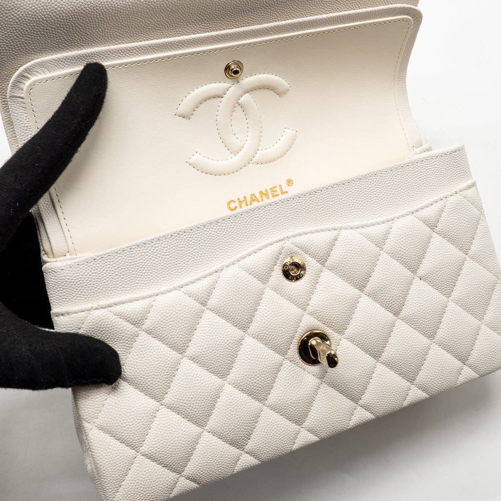 CHANEL SMALL CLASSIC DOUBLE FLAP BAG CAVIAR WHITE LGHW (MICROCHIP)