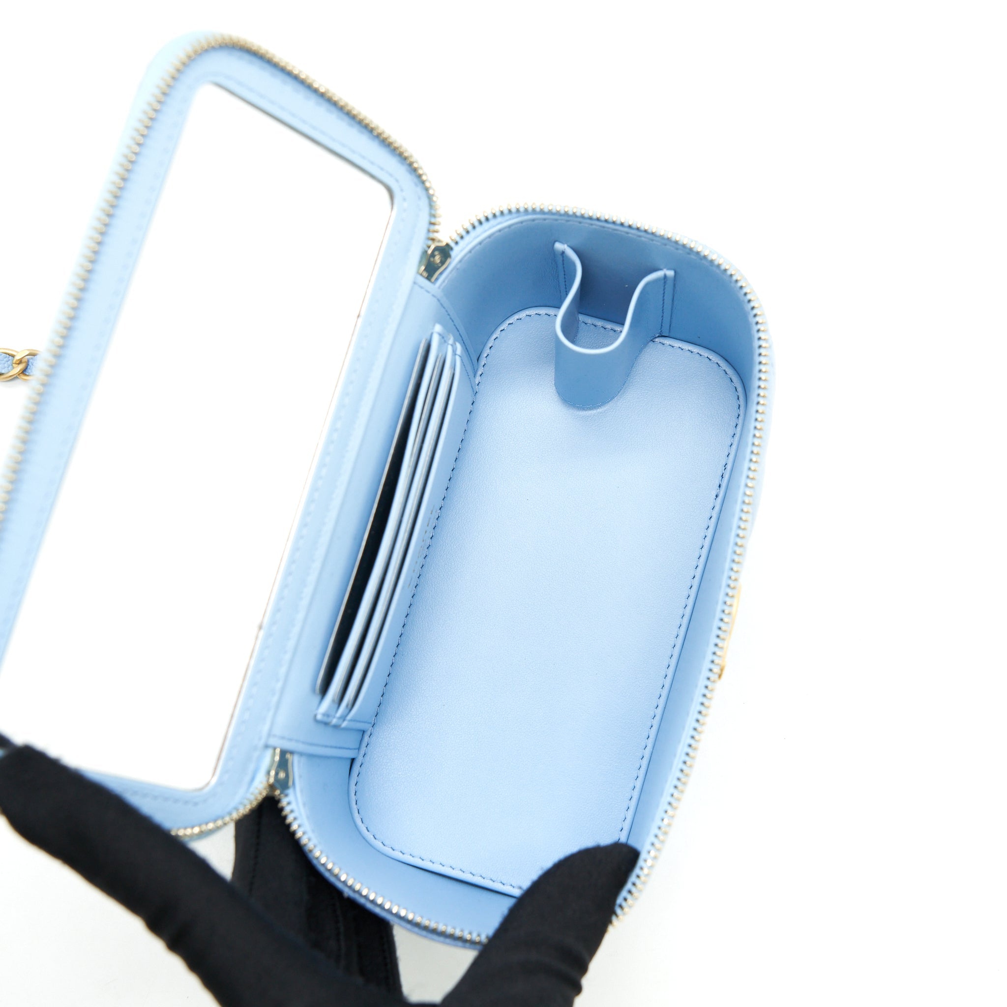 CHANEL 22S LONG VANITY CASE WITH LETTER HANDLE CAVIAR LIGHT BLUE GHW