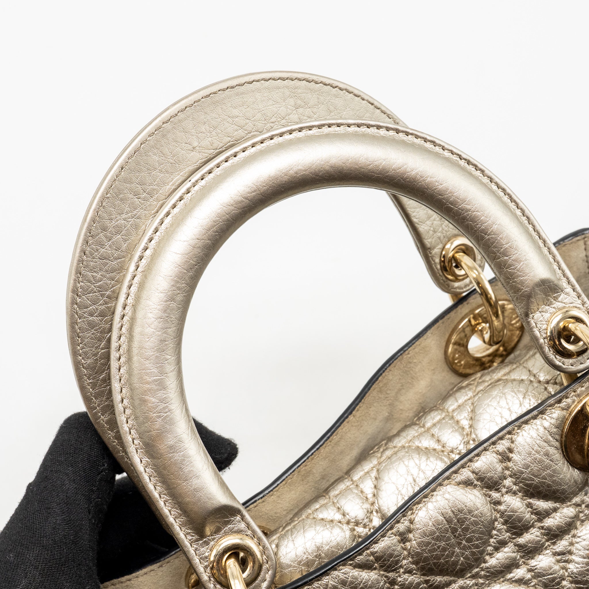 DIOR MEDIUM LADY DIOR CANNAGE CALFSKIN METALLIC GOLD LGHW