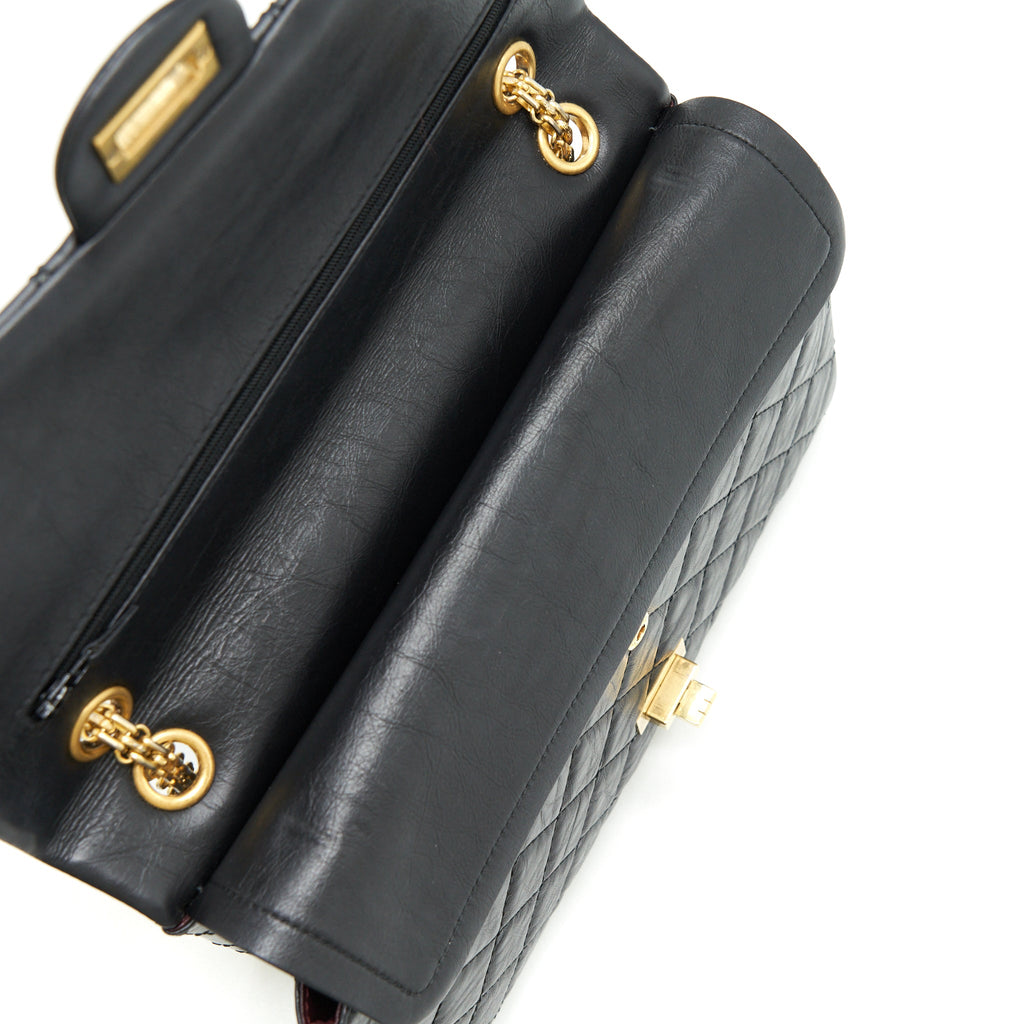 CHANEL 2.55 226 REISSUE MEDIUM DOUBLE FLAP BAG CALFSKIN BLACK RUTHENIUM GOLD HARDWARE