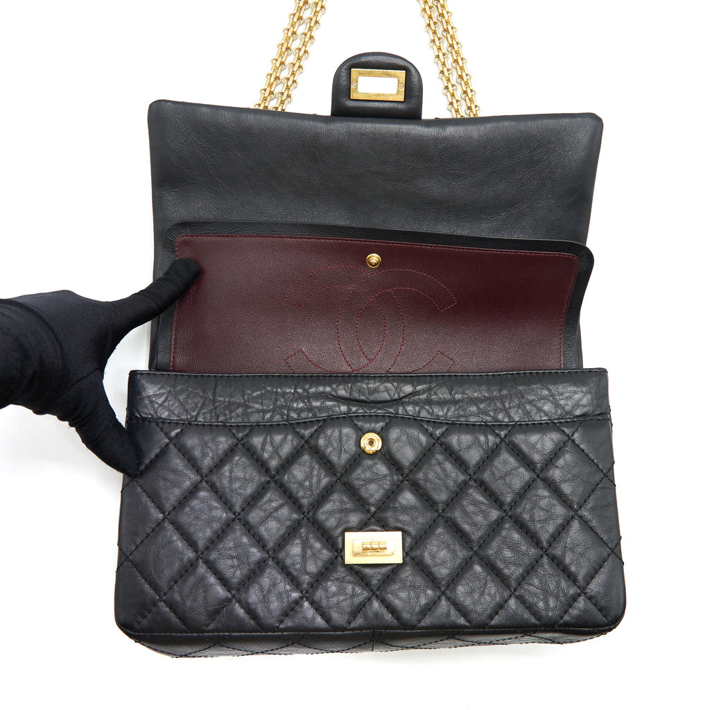 CHANEL 2.55 226 REISSUE MEDIUM DOUBLE FLAP BAG CALFSKIN BLACK RUTHENIUM GOLD HARDWARE