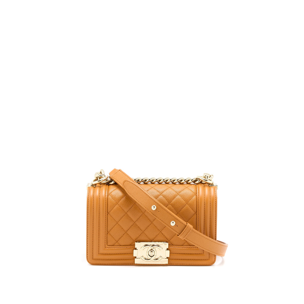 CHANEL SMALL BOY BAG CAVIAR 21A NC630 CARAMEL LGHW (MICROCHIP)