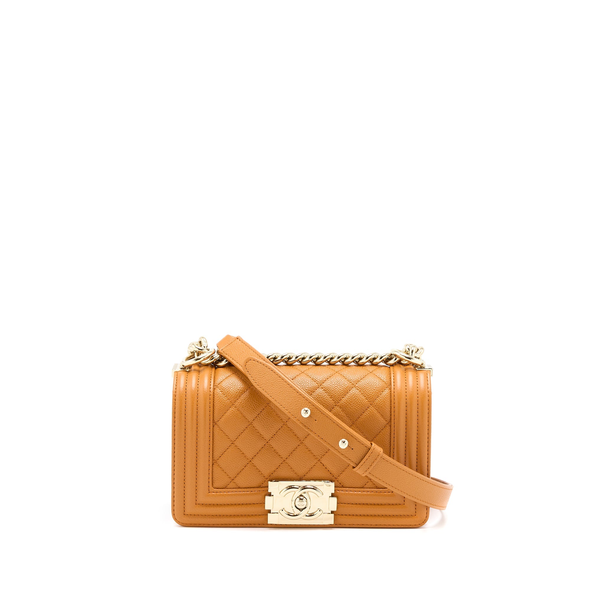 CHANEL SMALL BOY BAG CAVIAR 21A NC630 CARAMEL LGHW (MICROCHIP)