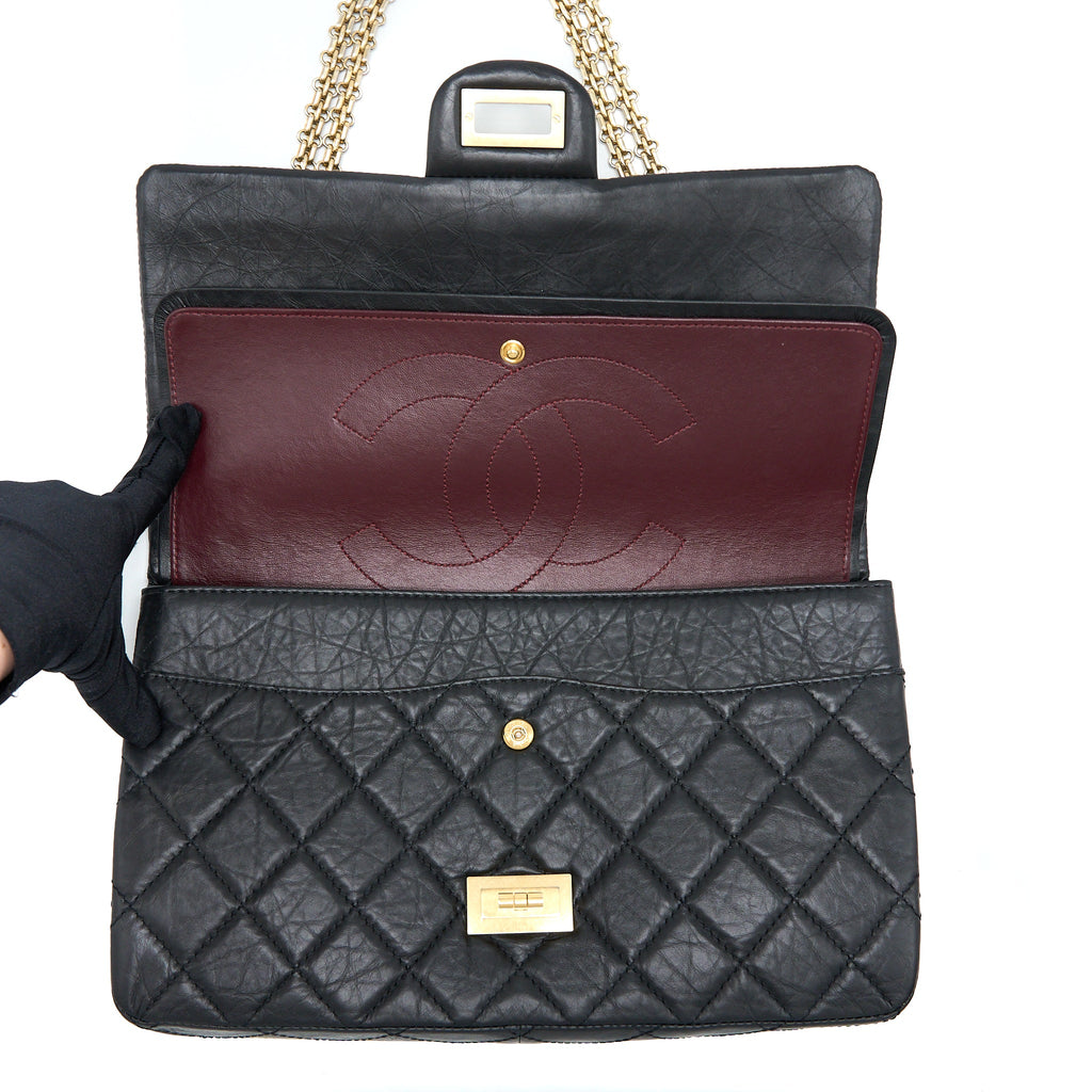 CHANEL 2.55 227 REISSUE FLAP BAG AGED CALFSKIN BLACK GHW