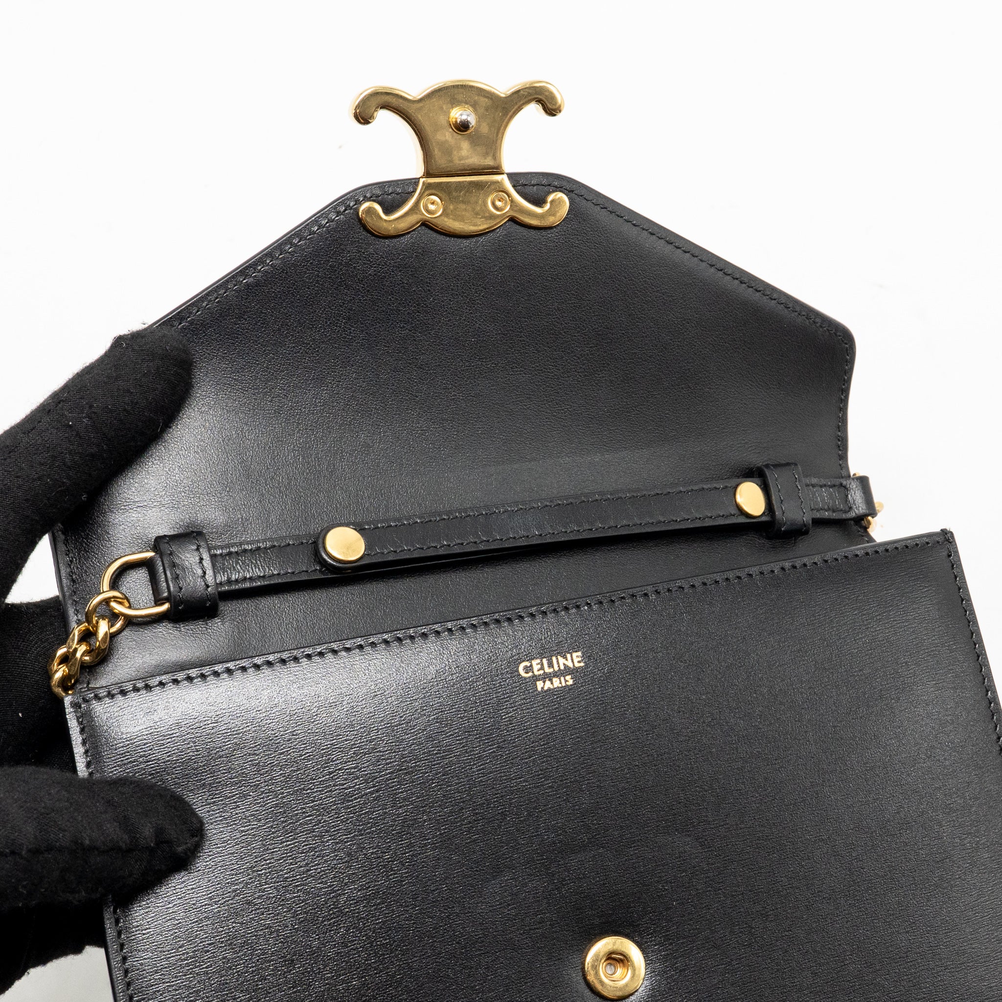 CELINE WALLET ON CHAIN MARGO SHINY CALFSKIN BLACK GHW