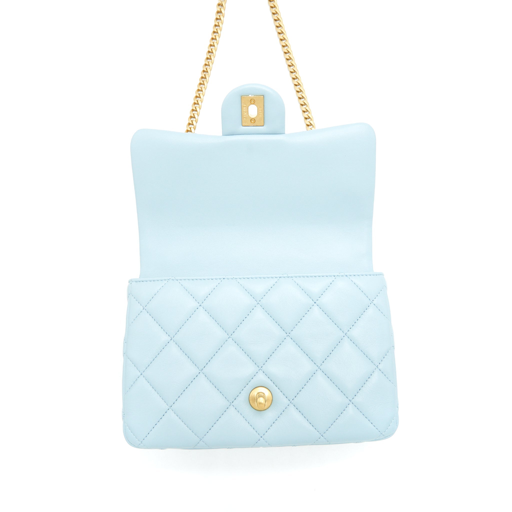 CHANEL 22P ENEMAL SMALL FLAP BAG LAMBSKIN LIGHT BLUE GOLD/BLUE HARDWARE